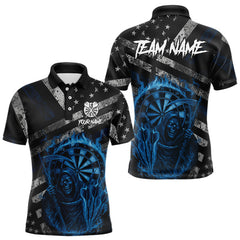 Maxcorners Custom Grunge US Flag Blue Smokes Skeleton Dart Men Polo Jerseys Patriotic Dart Shirts LM2110