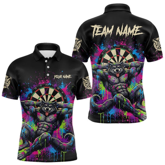 Maxcorners Colorful Splatter Funny Wolf Dartboard Custom Darts Polo Shirt For Men Dart Team Gifts