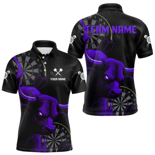 Maxcorners Purple Ferocious Bull Grunge Dartboard Men Polo Darts Shirt Custom Name & Team Jersey