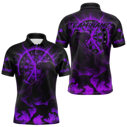 Maxcorners Custom Purple Flaming Dinosaurs Dartboard Polo Dart Shirt For Men Dinosaur Dart Jerseys