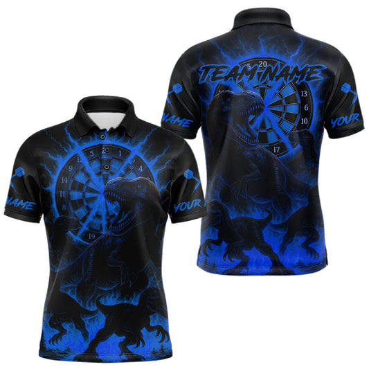 Maxcorners Custom Blue Flaming Dinosaurs Dartboard Polo Dart Shirt For Men Dinosaur Dart Jerseys
