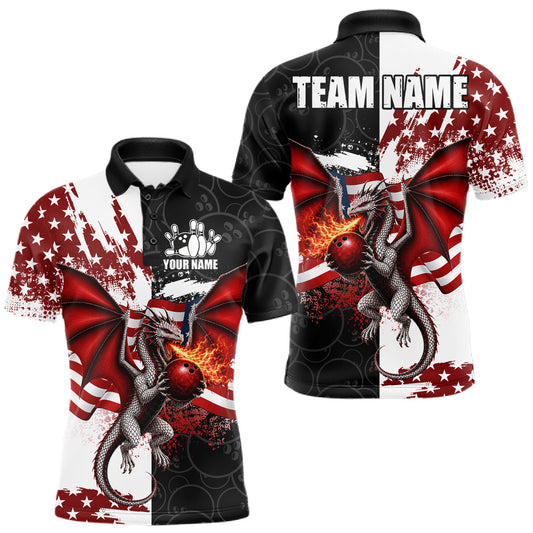 Maxcorners Red, White And Black US Flag Men Bowling Shirt Custom Patriotic Dragon Fire Flame Bowling Team Jersey