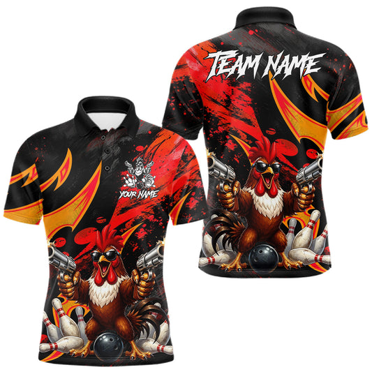 Maxcorners Red And Yellow Rooster Gun Men Bowling Shirt Custom Funny Grunge Cute Bowling Team Outfits