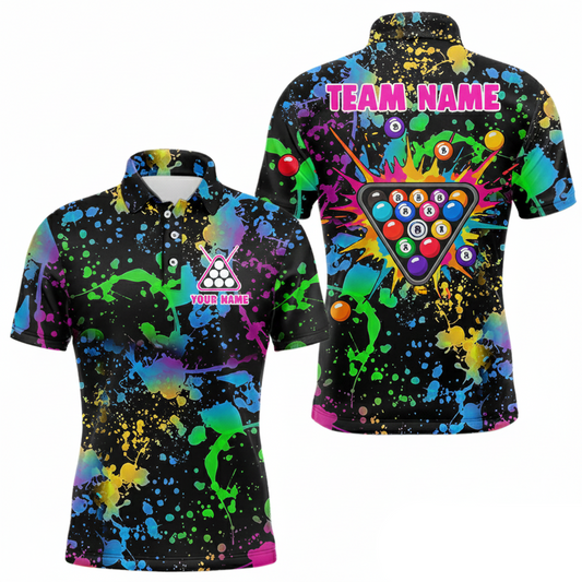 Maxcorners Colorful Splatter Pool Billiard Balls Shirts For Men Custom Name Billiard Team Jerseys LM0101
