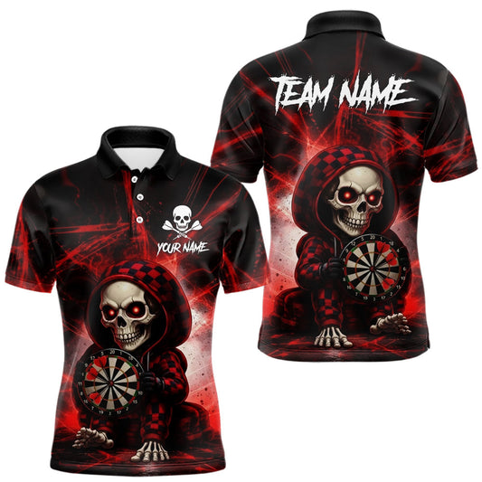 Maxcorners Black & Red Grunge Light Caro Skeleton Men Darts Polo Shirt Custom Funny Dart Team Jerseys LM2201