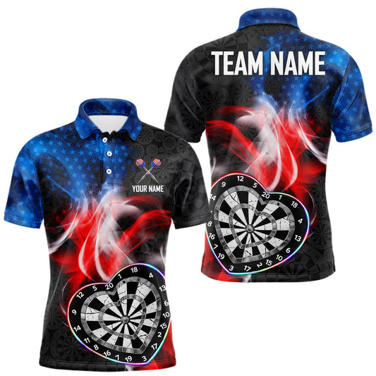 Maxcorners Smoke US Flag Colorful Heart Dartboard Men Darts Valentine Shirt Custom Dart Polo Couple Gifts  LM2201