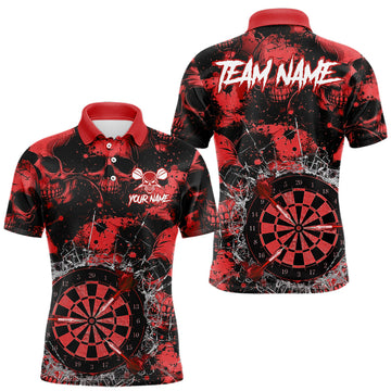 Maxcorners Red Grunge Skull Cracked Glass Dartboard Custom Men Darts Polo Shirts Dart Team Jerseys