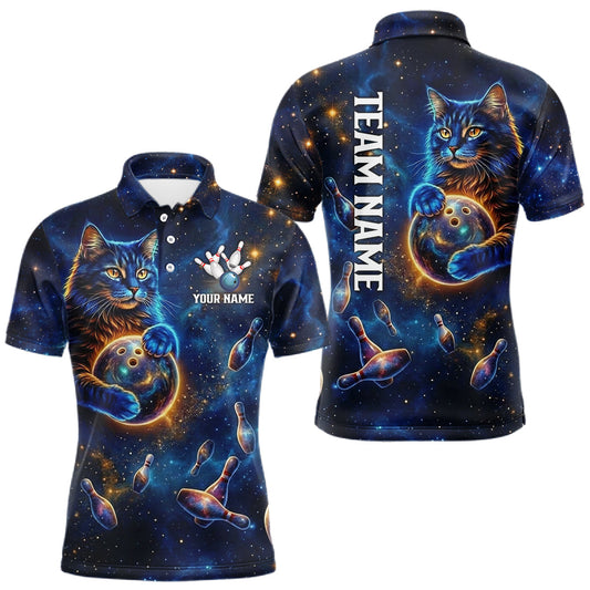 Maxcorners Custom Galaxy Blue Funny Cat Bowling Team Shirt Bowling Jersey Polo & 1/4 Zip Bowling Unisex For Men LM2704