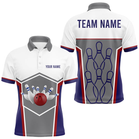 Maxcorners Red, Blue And Gray Bowling Pin Jerseys For Men Custom Bowling Polo 1/4-Zip Shirt, Gift For Bowlers LM2704