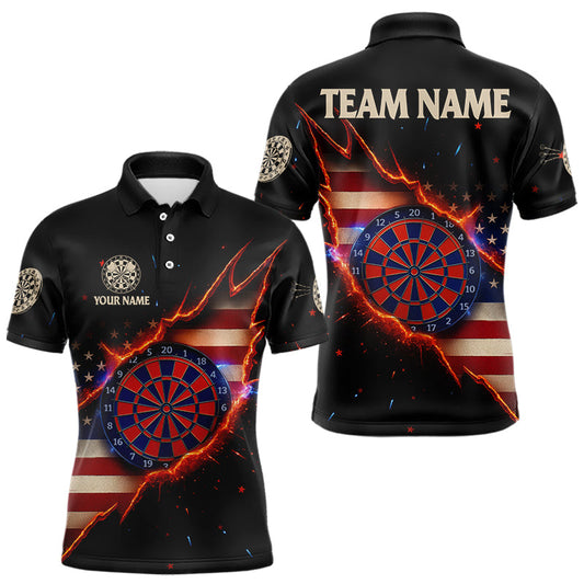 Maxcorners Fire American Flag Darts Polo Shirt For Men Custom Name & Team Patriotic Dart League Shirt LM2711
