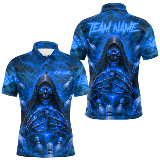 Maxcorners Lightning Thunder Skull Reaper Bowling Shirts For Men Custom Team Bowling League Jerseys | Blue