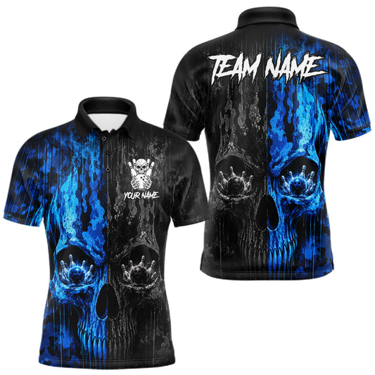 Maxcorners Blue And Black Camouflage Skull Bowling Shirts For Men Custom Team Bowling League Jerseys