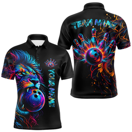 Maxcorners Funny Lion Colorful Bowling Shirts For Men Custom Splatter Polo & 1/4-Zip Bowling Team Jerseys