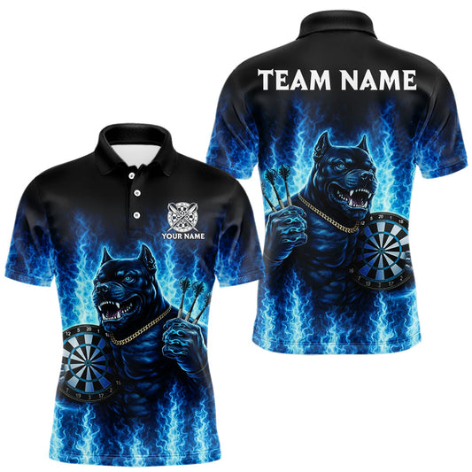 Maxcorners Personalized Blue Flames Bulldog Dartboard Men Darts Polo Shirt Custom Funny Darts Jerseys