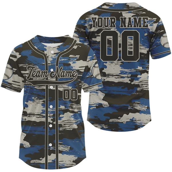 Maxcorners Blue Camouflage Baseball Jersey For Men Personalized Grunge Youth Baseball Shirt LM1809