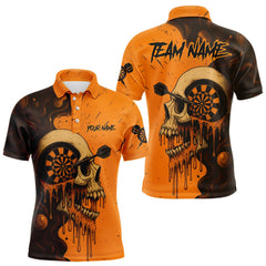 Maxcorners Custom Black Orange Skull Grunge Dart Men Polo Shirt Halloween Dart Team Jerseys LM0210