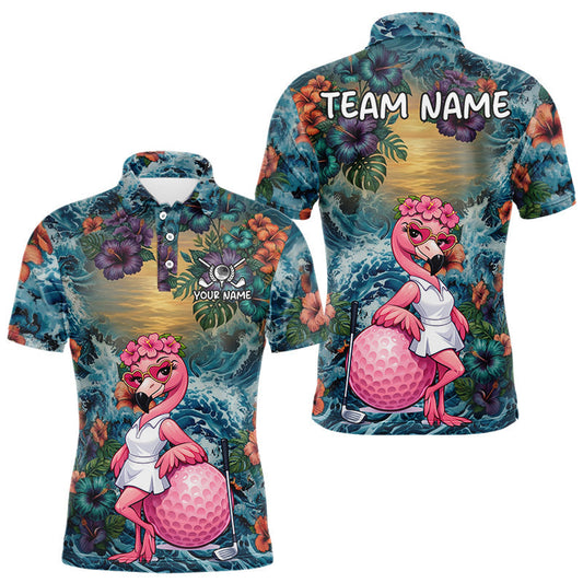 Maxcorners Mens Flamingo Golf Clothing Waving Tropical Golf Shirt Custom Floral Golf Polo, Best Golf Gifts LM0404