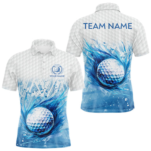 Maxcorners Custom Mens Golf Polo Shirts, Blue Splatter Golf Ball White Men Golf Polo Shirt, Best Golf Shirts LM0404