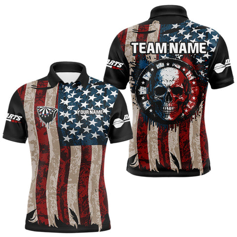 Maxcorners Colorful Skull Grunge Dartboard US Flag Dart Men Polo Shirt, Patriotic Dart Jerseys LM0210