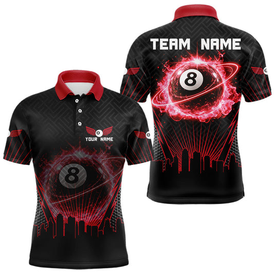 Maxcorners Black & Red Flaming 8 Ball Light Men's Billiard Shirts Personalized Billiard Team Attire LM0101