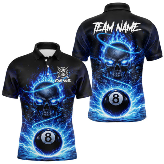 Maxcorners Blue Crown Skull Holding Thunder Pool 8 Ball Billiard Shirt For Men Custom Billiard Team Attire LM2901