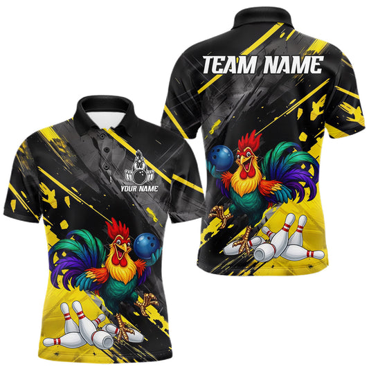 Maxcorners Personalized Colorful Funny Rooster Bowling Shirt For Men Yellow Grunge