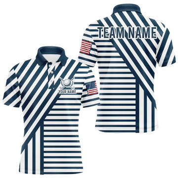 Maxcorners White And Blue Pinstripe Men Golf Polo Shirt Personalized Patriotic Golf Team Outfits LM0106