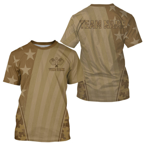 Maxcorners Custom Brown Camouflage Patriotic Pickleball T-Shirt For Men Outfit Pickleball Gifts LM0409