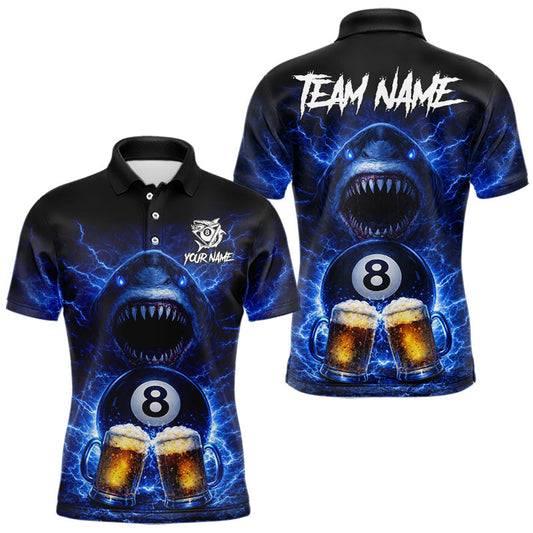Maxcorners Blue Funny Lightning Shark Cheer Beers Pool 8 Ball Men Billiard Shirt Custom Ball Billiard Attire LM2901
