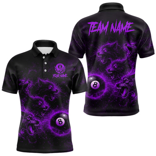 Maxcorners Horror Wolfs Purple Flames Smoke Pool 8 Ball Men Billiard Shirt Custom Ball Billiard Team Attire