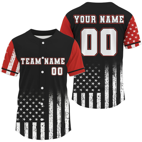 Maxcorners Custom Black And Red US Flag Patriotic Baseball Shirt For Men Youth Baseball Jerseys LM1809