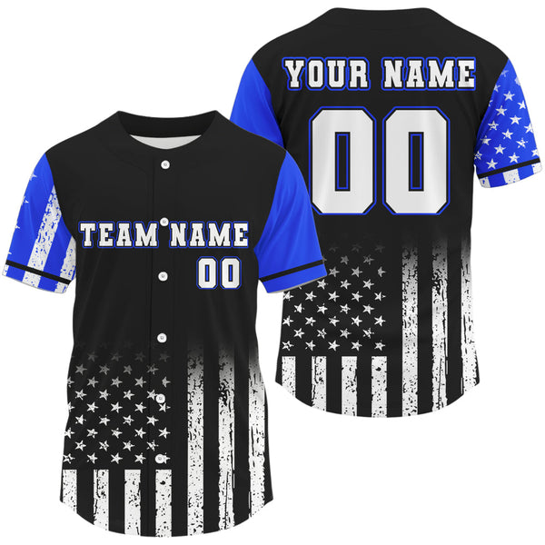 Maxcorners Custom Black And Blue US Flag Patriotic Baseball Shirt For Men Youth Baseball Jerseys LM1809