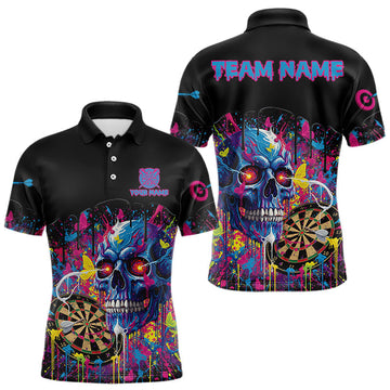 Maxcorners Custom Butterfly Skull Splatter Dartboard Men Darts Polo Shirt Colorful Dart Jerseys LM2603