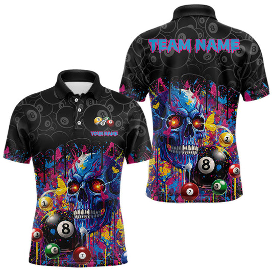 Maxcorners Dripping Splatter Billiard 8 Ball Shirts For Men Personalized Skull Billiard Team Attire LM0101