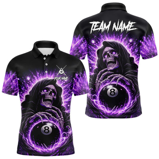 Maxcorners Lightning Purple Scary Grim Reaper Pool 8 Ball Men Billiard Shirt Custom Ball Billiard Team Attire