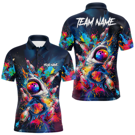 Maxcorners Splatter Funny Shark Mens Bowling Shirt Polo & 1/4 Zip Custom Colorful Uniform Bowling Team Jersey