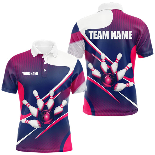 Maxcorners White, Blue And Pink Bowling Ball & Pins Shirt For Men Custom Polo Quarter-Zip Bowling Team Jersey