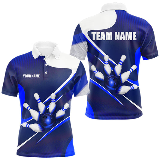Maxcorners White And Blue Bowling Ball & Pins Shirt For Men Custom Polo Quarter-Zip Bowling Team Jersey