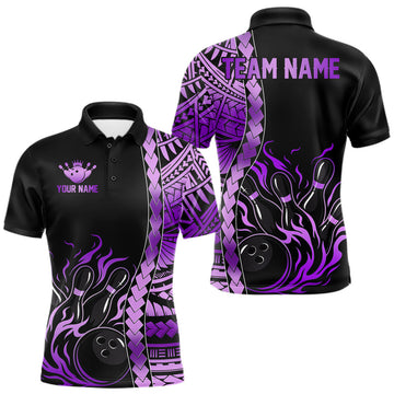 Maxcorners Custom Black And Purple Flame Tribal Pattern Bowling Team Polo 1/4-Zip Shirts For Men, Bowling Jerseys LM0208