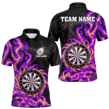 Maxcorners Purple & Yellow Flame Dartboard Darts Polo 1/4-Zip Shirt For Men Custom Fire Flame Dart Team Jersey LM0208