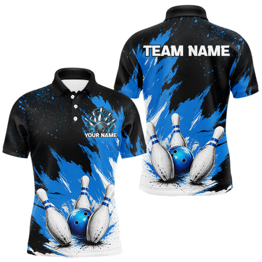 Maxcorners Black, White & Blue Splatter Mens Bowling Shirt Custom Grunge Polo Quarter-Zip Bowling Team Jersey
