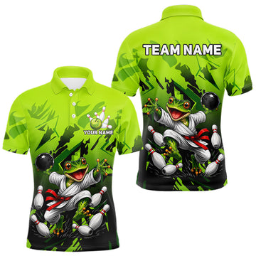 Maxcorners Funny Frog Bowling Ball And Pins Shirt For Men Custom Green Polo Quarter-Zip Bowling Team Attire LM0607