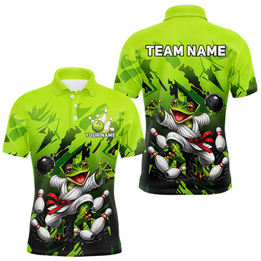 Maxcorners Funny Frog Bowling Ball And Pins Shirt For Men Custom Green Polo Quarter-Zip Bowling Team Attire LM0607
