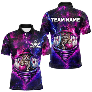 Maxcorners Cool Cat Funny Bowling Polo 1/4-Zip Shirts For Men Custom Galaxy Tornado Bowling Team Jerseys
