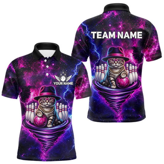 Maxcorners Cool Cat Funny Bowling Polo 1/4-Zip Shirts For Men Custom Galaxy Tornado Bowling Team Jerseys
