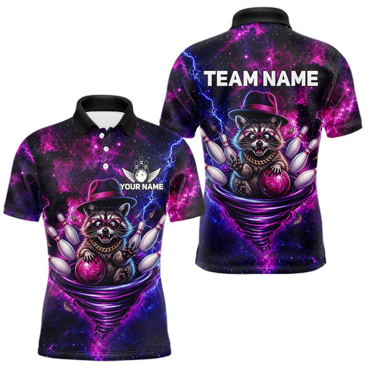 Maxcorners Raccoon Funny Bowling Polo 1/4-Zip Shirts For Men Custom Galaxy Tornado Bowling Team Jerseys