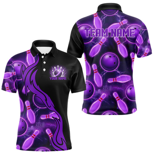 Maxcorners Purple Thunder Custom Mens Bowling Ball & Pin Shirts, Bowling Team Jerseys For Bowlers