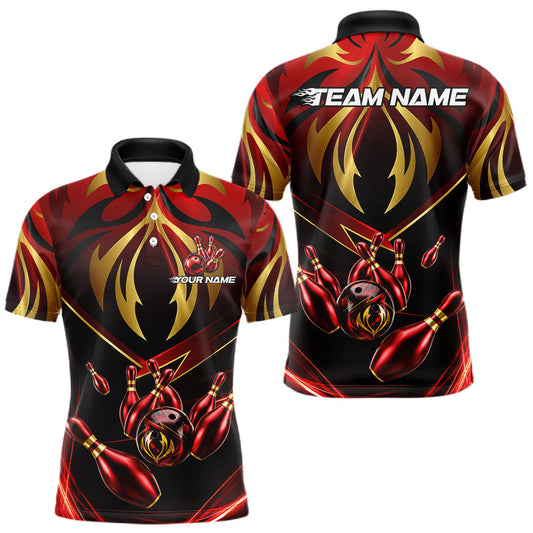Maxcorners Custom Strike Lightning Red And Gold Bowling Shirts For Men, Team Bowling Tournament Jerseys LM0607