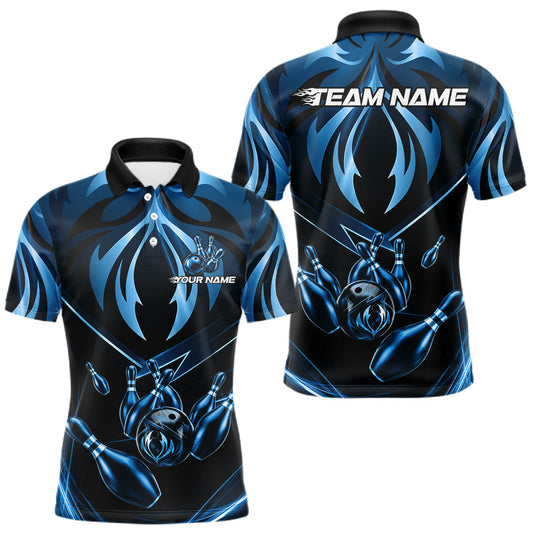 Maxcorners Custom Strike Lightning Blue Bowling Shirts For Men, Team Bowling Tournament Jerseys LM0607