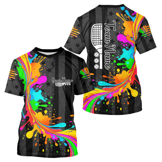 Maxcorners Personalized US Flag Colorful Splashed Pickleball T-Shirt For Men, Patriotic Pickleball Gifts LM0503